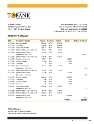 Download Bhutan T bank statement excel Photoshop template